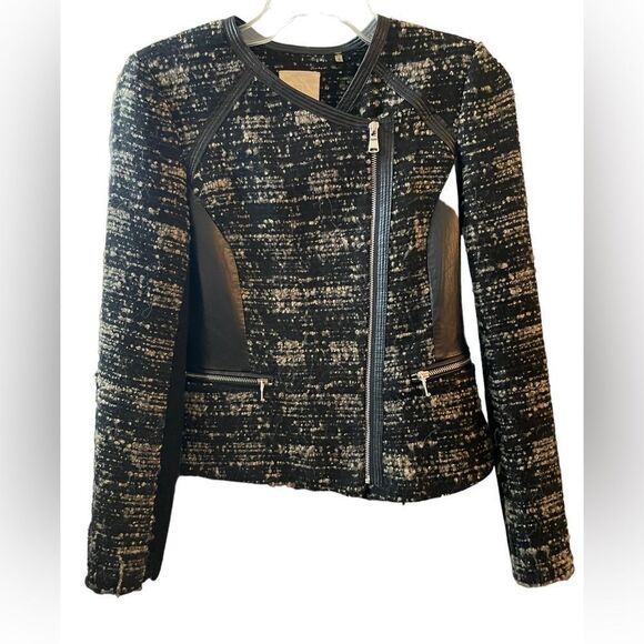 REBECCA TAYLOR PEBBLED TWEED BLACK N GREY JACKET WITH FAUX LEATHER ACCENTS, SZ4 - Picture 1 of 14